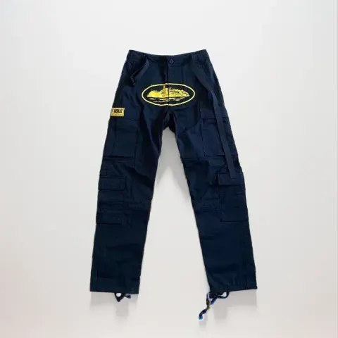 Corteiz Classic Cargo Black White Logo Pants option yellow print