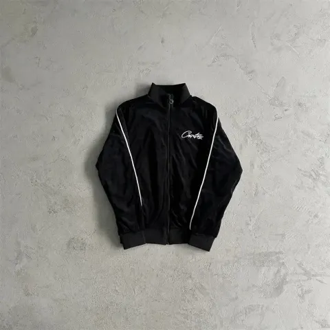 Corteiz Tracksuit Top option Black velvet top with a white label