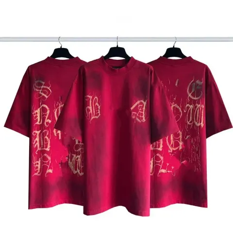 Balenciaga Tees option Sanskrit cement front and back hand painted graffiti red
