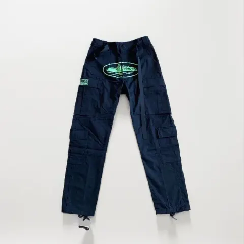 Corteiz Classic Cargo Black White Logo Pants option green printing