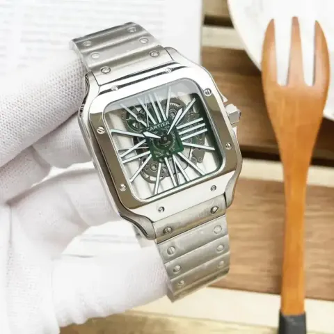 Cartier Santos Skeleton option Silver Shell Green Steel Strip