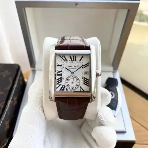 Cartier Tank Watch option Silver Case-White Dial Brown Strap