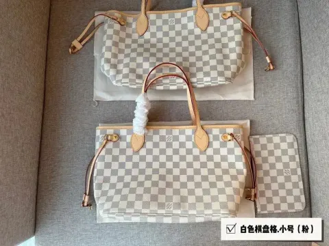 LV Neverfull Bag option small size white chessboard pink