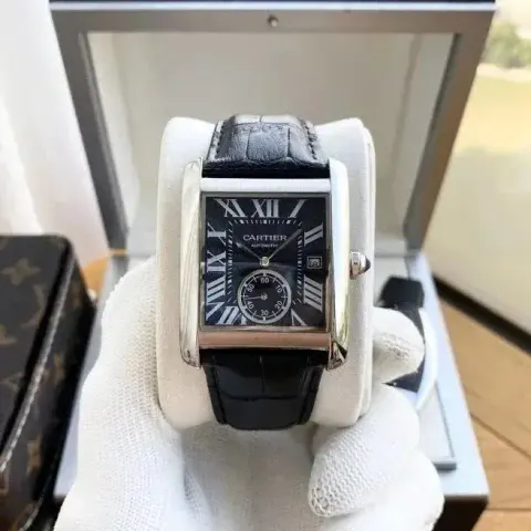 Cartier Tank Watch option Silver Case-Black Dial Black Strap
