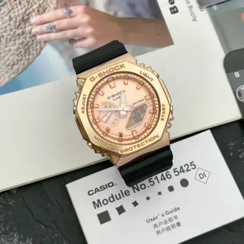 G-Shock Casio Watch With Rubber Band option Rose Shell  Rose Gold Plate Black Tape