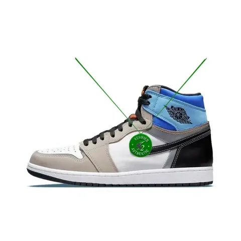 Off-White AJ1 University Blue option White, black, blue, and orange patchwork