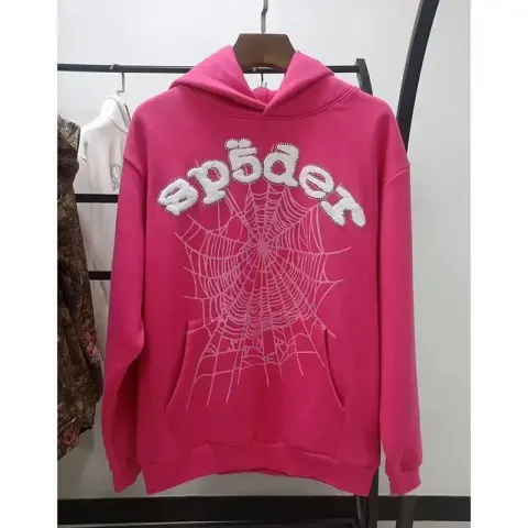 Sp5der Pink Hoodie option Rose red and white characters