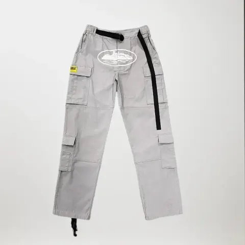 Corteiz Classic Cargo Black White Logo Pants option Stone gray tooling