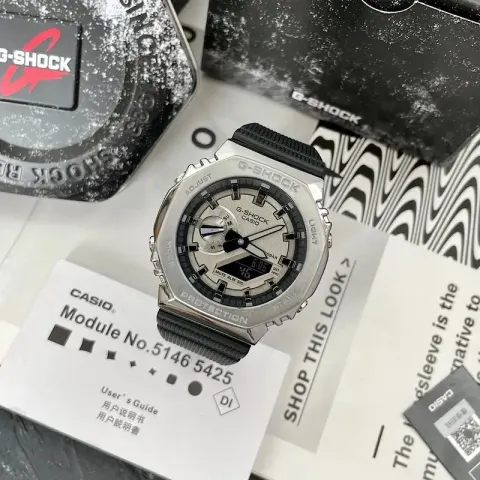 G-Shock Casio Watch With Rubber Band option Silver Shell  Grey Plate Black Tape