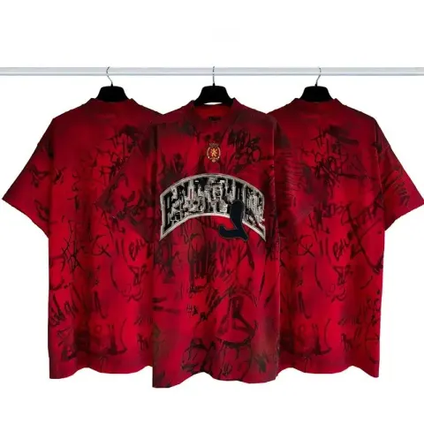 Balenciaga Tees option Cement spray dirty hand-painted full print embroidery red