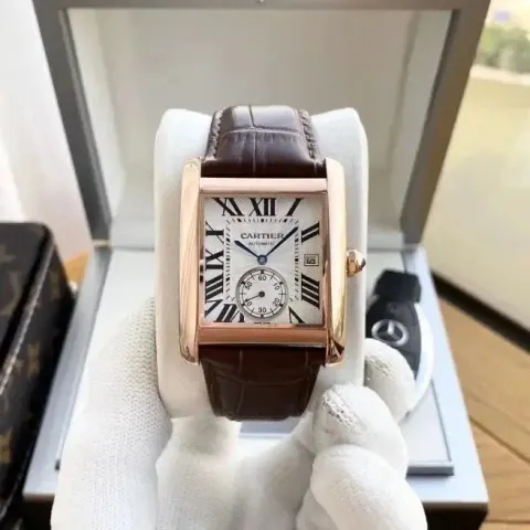 Cartier Tank Watch option Rose Gold Case-White Dial Brown Strap