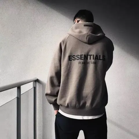 Essentials Hoodie option Style two taupe (front blank behind logo
