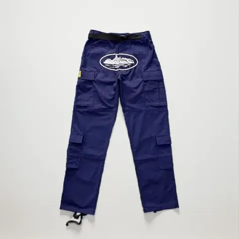 Corteiz Classic Cargo Black White Logo Pants option navy blue tooling