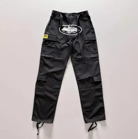 Corteiz Classic Cargo Black White Logo Pants option 4th Anniversary