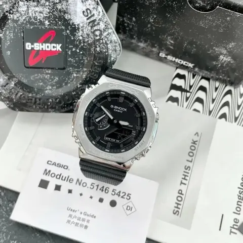 G-Shock Casio Watch With Rubber Band option Silver Shell  Black Disk Black Tape