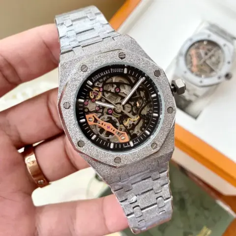 Shiny Audemars Piguet Skeleton Watch option Silver Shell-Black Plate Steel Strip