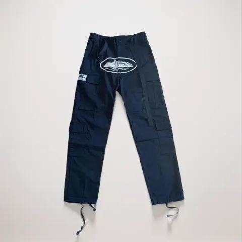 Corteiz Classic Cargo Black White Logo Pants option white printed white patch