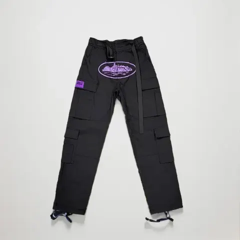 Corteiz Classic Cargo Black White Logo Pants option purple print