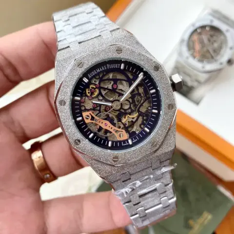 Shiny Audemars Piguet Skeleton Watch option Silver Shell-Blue Steel Strip