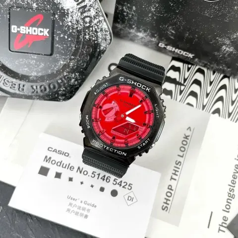 G-Shock Casio Watch With Rubber Band option Black Shell  Red Plate Black Tape