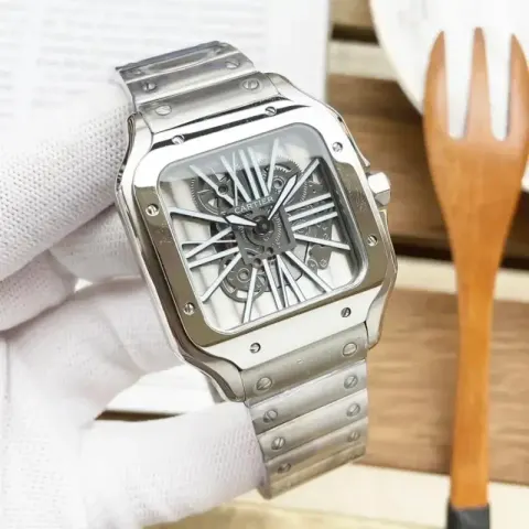 Cartier Santos Skeleton option Silver Shell White Steel Strip