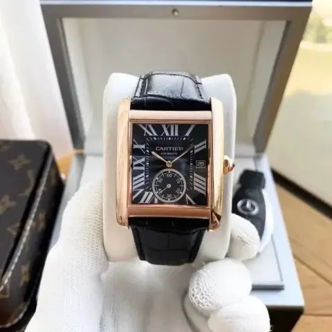 Cartier Tank Watch option Rose Gold Case-Blue Dial Black Strap