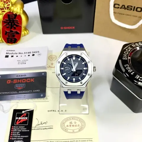 G-Shock Casio Watch With Rubber Band option Silver Shell  Blue Plate Blue Tape