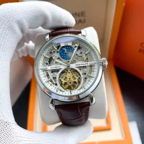 Patek Philippe Celestial Watch option Silver Shell  White Plate Coffee Leather