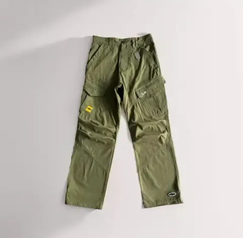Corteiz Classic Cargo Black White Logo Pants option Army Green Slant Pocket