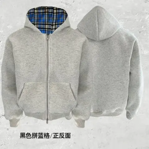 DerSchutze Zip Hoodie option White flower gray blue plaid [plus velvet thickening]]