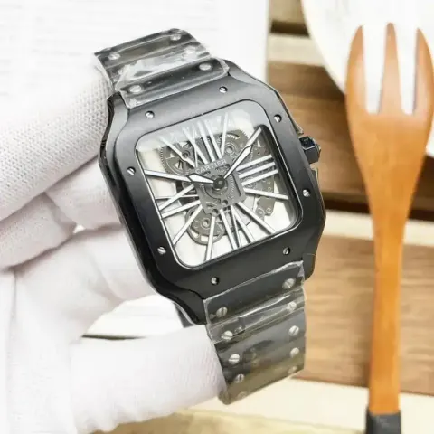Cartier Santos Skeleton option Black Shell Black Steel Strip