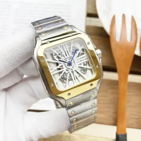 Cartier Santos Skeleton option Gold case white dial steel band