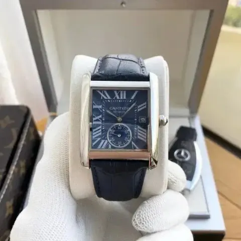 Cartier Tank Watch option Silver Case-Blue Dial Blue Strap